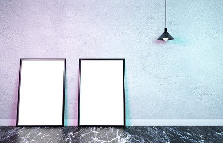 Modern gallery room with white concrete wall, black marble floor, hanging metal lamp. Poster artwork...