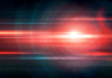 Abstract illustration of glitched screen signal error. Conceptual background with binary code and big light red flare.の写真素材