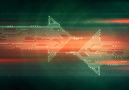 Abstract digital illustration of two microchip board on arrow shape moving opposite each other on...