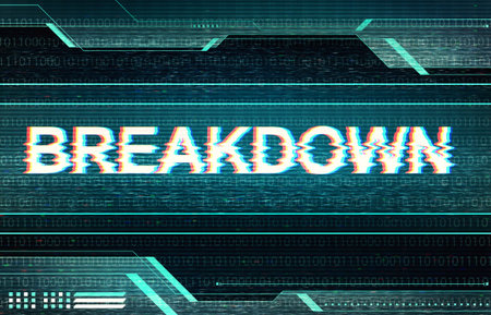 Abstract illustration of distorted display screen. Breakdown inscription in technology interface. Glitch effect background. Conceptual image of vhs dead pixels.の写真素材