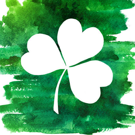 2d hand drawn illustration for St.Patrick's day. Green watercolor splash blot in shape of clover leaf. Isolated on white background.の写真素材