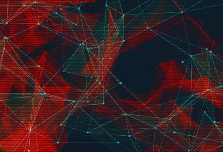 Abstract polygonal space low poly background. Connecting dots and lines in triangular structures. Illustration with trendy glitched effect, dead pixels, noise, binary code. Network, crystal cell conceptual image.の写真素材