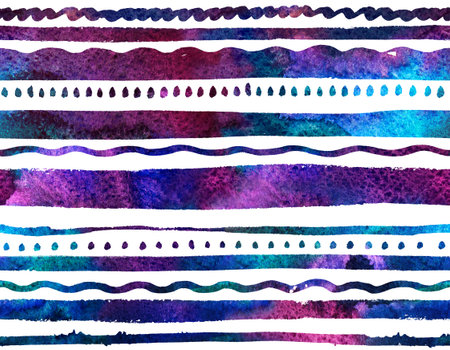 Watercolor background. 2d hand drawn seamless pattern with cosmic colorful stripes, dots and waves....