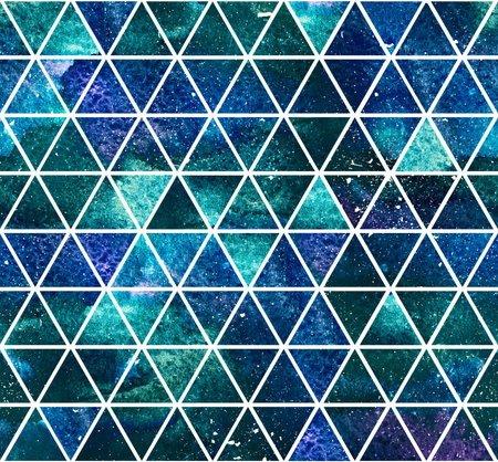 Watercolor background. 2d hand drawn seamless pattern with dark blue green triangular mosaic. Deep...