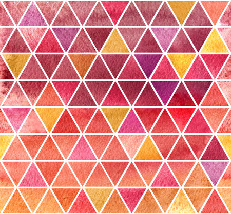 Watercolor background. 2d hand drawn seamless pattern with colorful triangular mosaic. Pink ruby red...