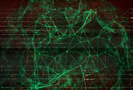 Abstract polygonal space low poly background. Connecting dots and lines in triangular structures. Illustration with trendy glitched effect, dead pixels, noise, binary code. Network, crystal cell conceptual image.の写真素材