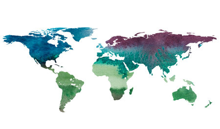 2d hand drawn illustration of world map. Color gradiented watercolor image of isolated earth planet....