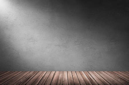 3d rendering illustration of interior room with dirty concrete cement wall and wooden plank floor. Underground showroom.の写真素材