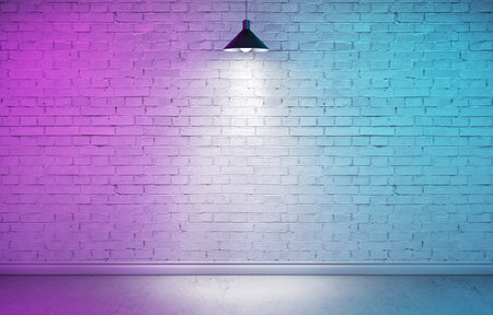 Interior room with textured white brick wall, concrete floor and plinth. Underground showroom with...