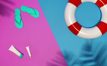 Trendy realistic mock up of cosmetics tubes for sun protection. Modern summer bright flat lay...
