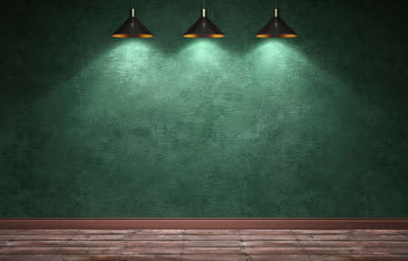 3d rendering illustration of big modern room with green plaster wall, wooden floor and plinth. Interior with three bright spotlights. Studio, showroom, photostudio, stage.の写真素材