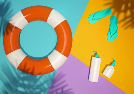 Trendy realistic mock up of cosmetics bottles for sun protection. Modern summer bright flat lay...