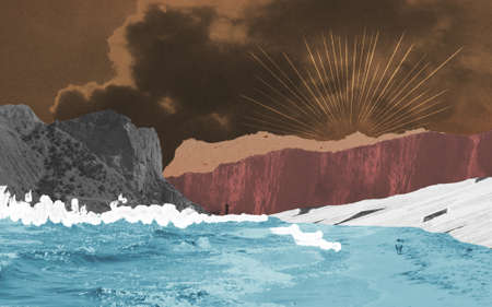 Surreal collage composition made of torn pieces of retro paper and photos. Seascape with foaming water, mountains and sunset. Cut out fragments made of craft paper, carton, torchon.の写真素材