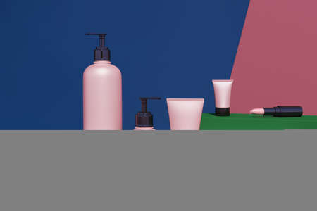 Trendy realistic mock up of cosmetics bottles, tubes and pink lipstick. Modern bright still life bundle on colorful frosted background. 3d illustration. Skin or hair care.の写真素材