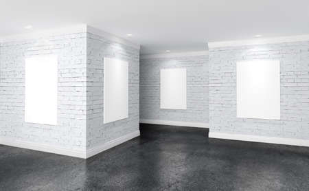 Modern gallery room with directional spotlight and poster frames. Product artwork exhibition mock up. White canvases. 3d rendering illustration of interior with rough white brick walls in perspective and polished stone floor.の写真素材