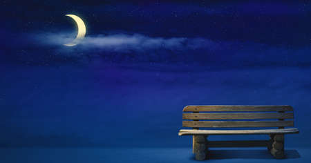 Wide mixed media illustration of starry night. Lonely bench under the moonlight. Outdoor romantic quite place.の写真素材