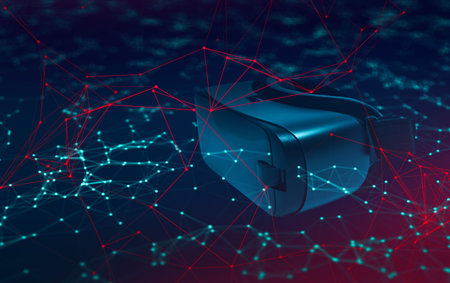 Abstract mixed media illustration of virtual reality network. Red low poly mesh in front of wearable...