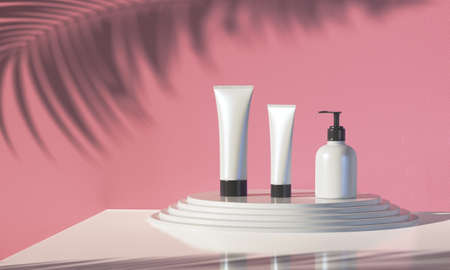 3d render of cosmetic bundle for skin hair care. White plastic package stands on podium. Sunny still life branding identity set with fern shadows. Salon products mock up.の写真素材