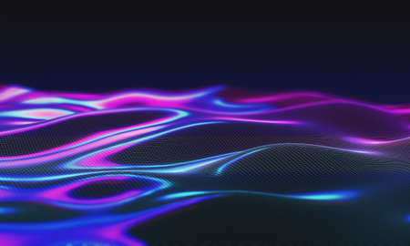 3d rendering illustration of glossy liquid wire mesh substance in hologram spectral color palette. Neon fluid lava waves. Cyber punk parametric flowing landscape.の写真素材