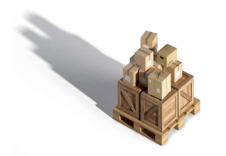 Isometric 3d-rendering of loading pallet with cardboxes in big industrial room. Cargo, delivery system illustration isolated on white background. Post parsels store.の写真素材