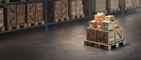 3d rendering work of cargo system. Pallet with many cardboxes waiting for transportation in front of loaded shelving. Warehouse indoors illustration.の写真素材