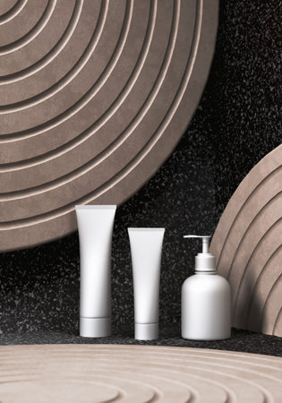 Minimal background for branding and packaging presentation. Cosmetic bottles on sand colored...