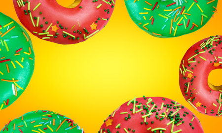 Bright flat lay frame banner with copy space. Red and green glazed donuts with colorful sugar...