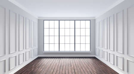 3d rendering illustration of big white room interior with big french windows and hardwood floor. Classical living room with molding, wall paneling. Day sun side light. Isolated on white backdrop, cut out.の写真素材