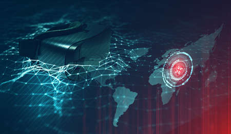 Abstract mixed media illustration of virtual reality. VR glasses in low poly network with world map and red area in front. World wide web search concept.の写真素材