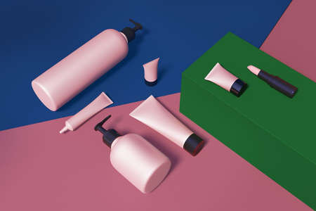 Trendy realistic mock up of cosmetics bottles, tubes and pink lipstick. Modern flat lay still life bundle on colorful frosted background. 3d illustration. Skin or hair care.の写真素材