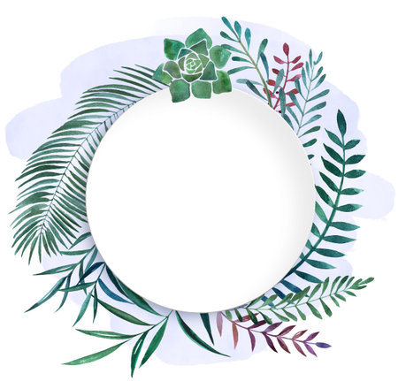 Hand drawn watercolor illustration of differents plants with colorful blot. Decorative graphic frame plate for wedding branding, invitations, gift card. Isolated on white background.の写真素材