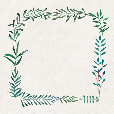 Hand drawn watercolor illustration of botanical branches. Decorative graphic frame on vintage paper texture for wedding branding, invitations, greeting card. Place for text.の写真素材