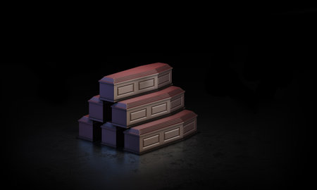 3d rendering illustrations of classical wooden caskets. Mock up for infographic, increase of deaths. Number of victims conceptual template. Black copy space.の写真素材