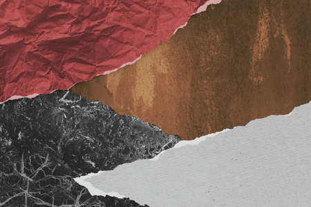 Abstract surreal illustration for creativity. Pieces of colored torn paper in material design. Contemporary art background. Zine collage.の写真素材