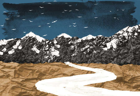 Surreal contemporary collage composition made of torn pieces of watercolored paper, craft, foil. Landscape with snow-crowned mountains and curved pathway, flock of birds above. Cut out fragments hand made painted.の写真素材