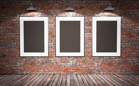 Empty old grungy room with red brick wall, wooden floor and directional light from hanging metal lamps. Mock up artwork poster exhibition. Art gallery. 3d rendering illustration.の写真素材