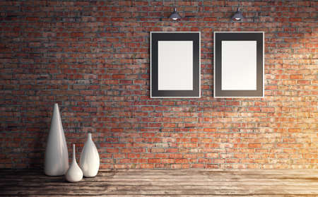 Blank white paper poster in black passepartout at rough red brick wall, poster mock up. Presentation for artwork. Sunny loft room interior with set of white vases on wooden floor. 3d rendering illustrationの写真素材