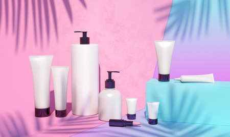 Trendy realistic mock up of cosmetics bottles, tubes and pink lipstick. Modern bright still life bundle. 3d illustration. Palm leaves shadows. Skin or hair care.の写真素材
