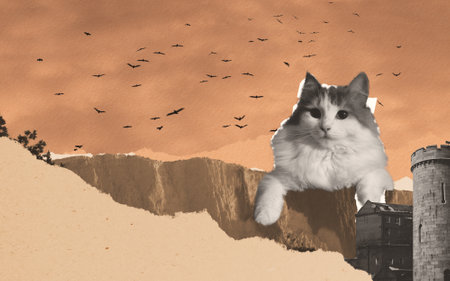 Surreal contemporary collage composition made of torn pieces of vintage paper. Fluffy cat sitting on top of the mountain with medieval castle in front. Cut out fragments.の写真素材