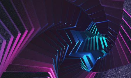 3d-rendering six pionted star shape tunnel with neon glowing mesh. Abstract cyber futuristic colored...