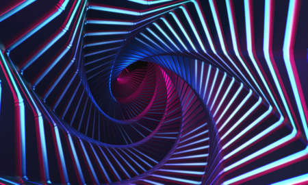 3d-rendering ultra violet tunnel with neon glowing mesh. Abstract colorful swirl. Spiral warp illustration of black hole.の写真素材