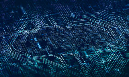 Abstract digital illustration of internet data on circuit microchip background.の写真素材