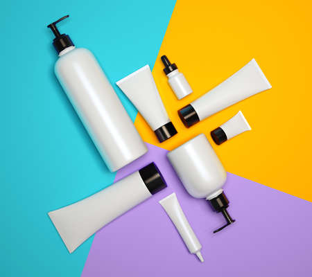 Trendy realistic mock up of cosmetics bottles and tubes. Modern bright flat lay bundle. 3d template on colorful background. 2018 trendの写真素材