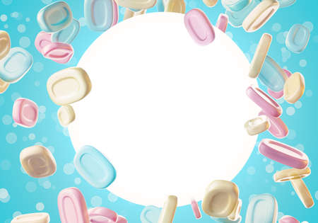 3d rendering illustration of many flying soap bars with bubbles around white frame banner. Graphic design mockup with copy space.の写真素材