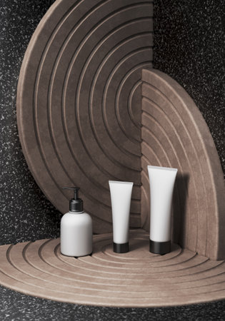 Minimal background for branding and packaging presentation. Cosmetic bottles on sand colored background with bohemian round decoration. 3d rendering illustration.の写真素材