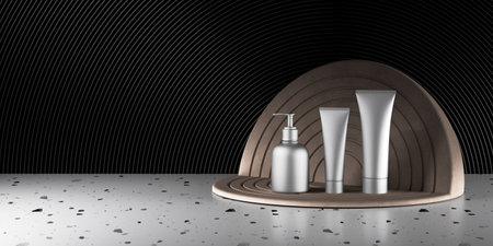Minimal background for branding and packaging presentation. Cosmetic bottles, white terrazzo table with bohemian round decoration. 3d rendering illustration.の写真素材