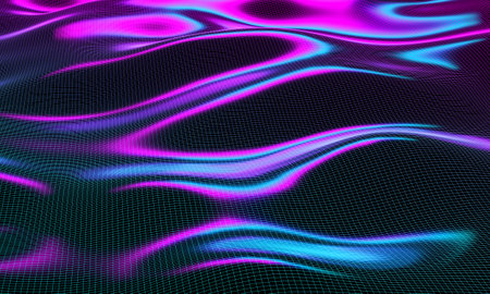 3d rendering illustration of glossy liquid substance in hologram spectral color palette. Melting neon fluidity waves, shiny petroleum substance.の写真素材