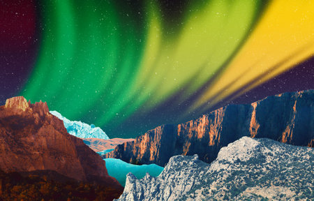 Beautiful surreal matte painting landscape Mountains in nordic mood Northern polar lights nightの写真素材