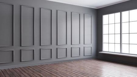 3d rendering illustration of big black room interior with big French windows and hardwood floor. Classical living room with molding, wall paneling. Day sun side light. Isolated on white backdrop, cut out.の写真素材
