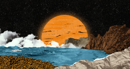 Surreal collage composition made fromf torn pieces of vintage magazines Sea, mountains, forest and gravel beach. Dadaism contemporary art.の写真素材